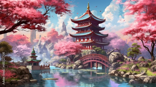 A scenic cherry blossom garden with a pagoda and a peaceful pond. Fantasy concept , Illustration painting. Generative AI