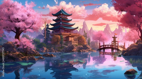 A scenic cherry blossom garden with a pagoda and a peaceful pond. Fantasy concept , Illustration painting. Generative AI photo