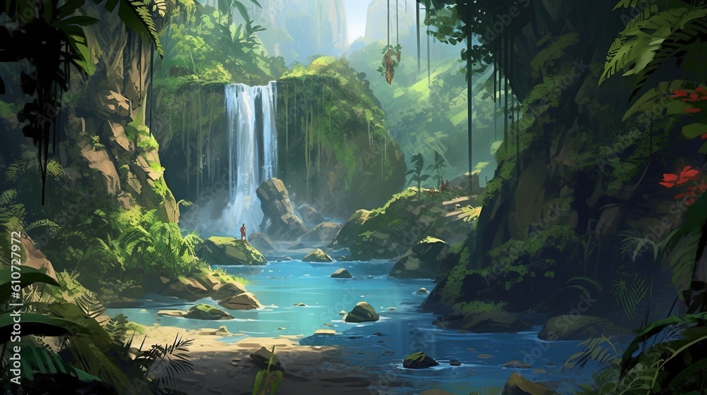 A scenic view of a waterfall in a lush forest, with a hidden cave behind it. Fantasy concept , Illustration painting. Generative AI