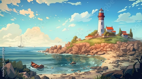 Wallpaper Mural A scenic seaside town with a lighthouse and a rocky coastline. Fantasy concept , Illustration painting. Generative AI Torontodigital.ca