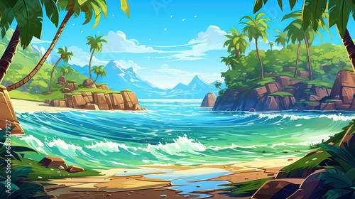 A scenic summer beach with palm trees and a crystal clear ocean. Fantasy concept   Illustration painting. Generative AI