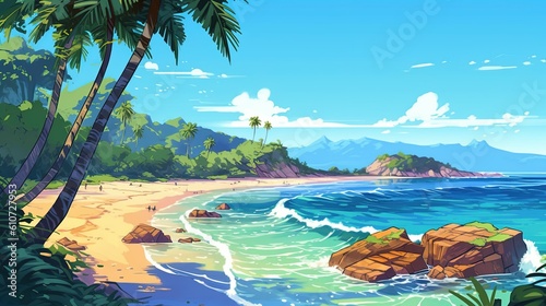 A scenic summer beach with palm trees and a crystal clear ocean. Fantasy concept   Illustration painting. Generative AI