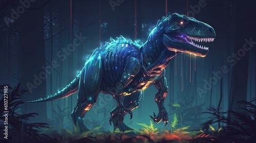 A robot dinosaur with glowing eyes. Fantasy concept , Illustration painting. Generative AI © X-Poser