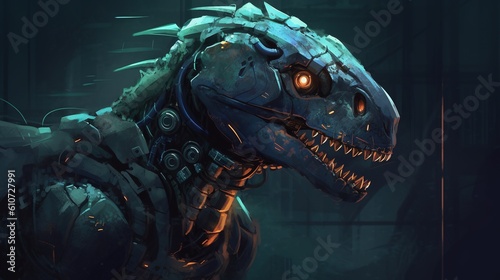 A robot dinosaur with glowing eyes. Fantasy concept , Illustration painting. Generative AI