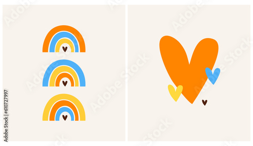 Lovely Nursery Art. Simple Vector Illustration with Blue-Yellow-Orange Rainbows and Hearts isolated on a Beige Background. Cute Boho Design ideal for Poster, Wall Art. RGB Colors.Kids Room Decoration.