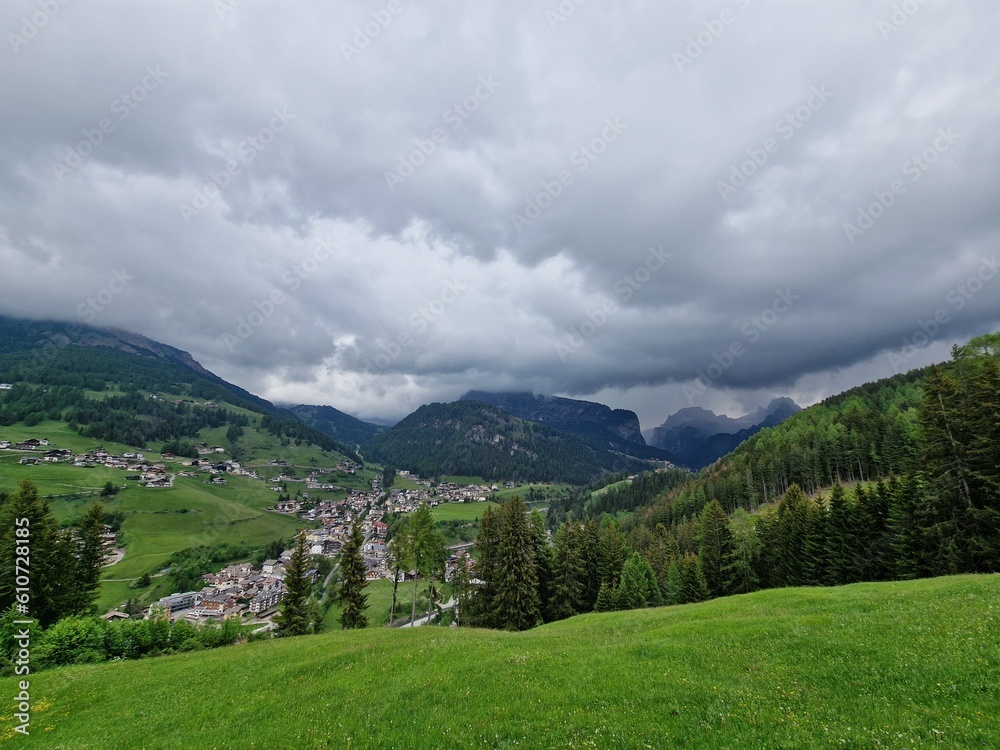 Storm clouds over the Dolomites in Val Gardena, South Tyrol.
