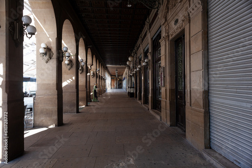 Arched colonnade of Plaza del Castillo square in Old Town, Pamplona