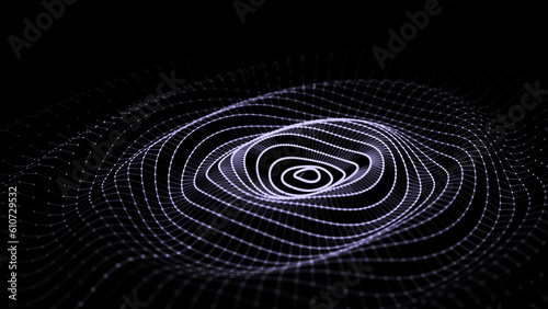 Digital vibration and style sound wave. Circle pulse wave with points and particles on the dark background. Big data visualization. 3D rendering.