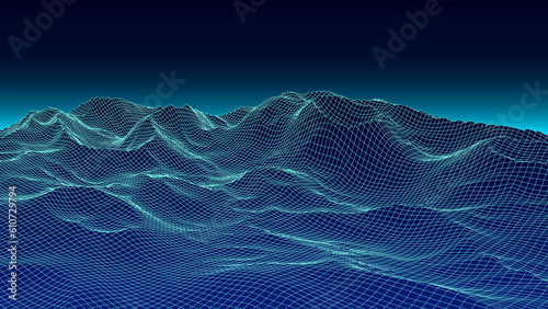 Style 3d retro landscape with night sky and sunset on horizon. Digital futuristic background of the 1980s. Blue neon mountains texture. Vector illustration.
