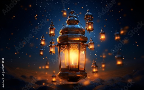 Illustration  Ramadan lanterns and a mosque that glows in the dark