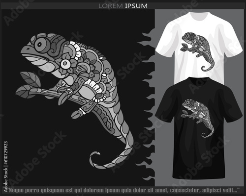 Monochrome chameleon mandala arts isolated on black and white t shirt.