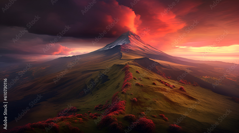 Red clouds hang ominously over a barren active volcano at dusk, Generative AI