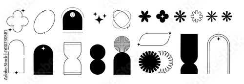Modern graphic design elements. Geometry shapes, arc, oval frames with sunburst and sparkles. Black and white vector decorative figures.