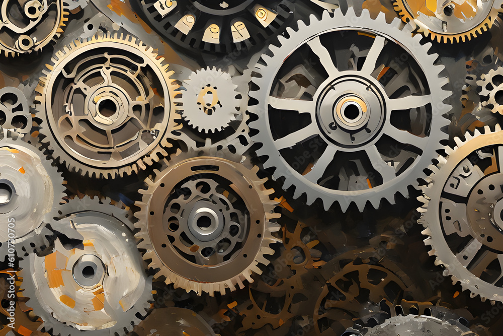 Machinery In Action: Closeup of Metal Gears and cogs in the clockwork mechanical mechanism inside machines Oil Painting Style Background Generated Ai Machinery In Action: Closeup of Metal Gears and cogs in the clockwork mechanical mechanism inside machines Oil Painting Style Background Generated Ai