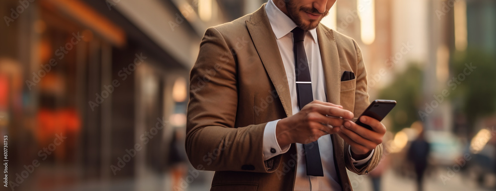 Naklejka premium Successful young handsome businessman using phone