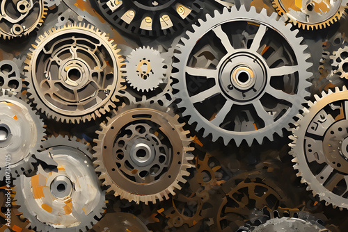 Machinery In Action: Closeup of Metal Gears and cogs in the clockwork mechanical mechanism inside machines Oil Painting Style Background Generated Ai