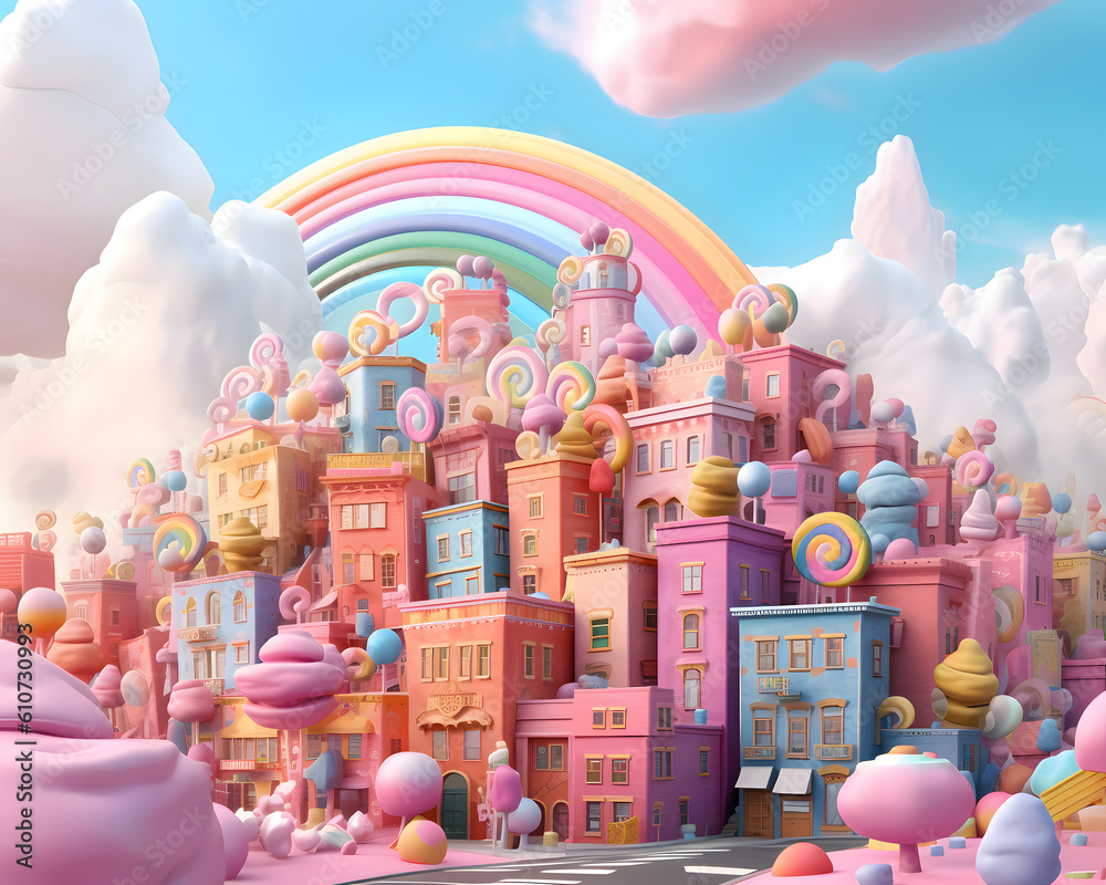 A cute rainbow candy city with hot air baloons - Fairy fantasy design illustration - Generative AI A cute rainbow candy city with hot air baloons - Fairy fantasy design illustration - Generative AI