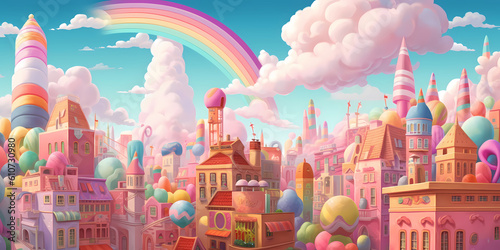 A cute rainbow candy city with hot air baloons - Fairy fantasy design illustration - Generative AI