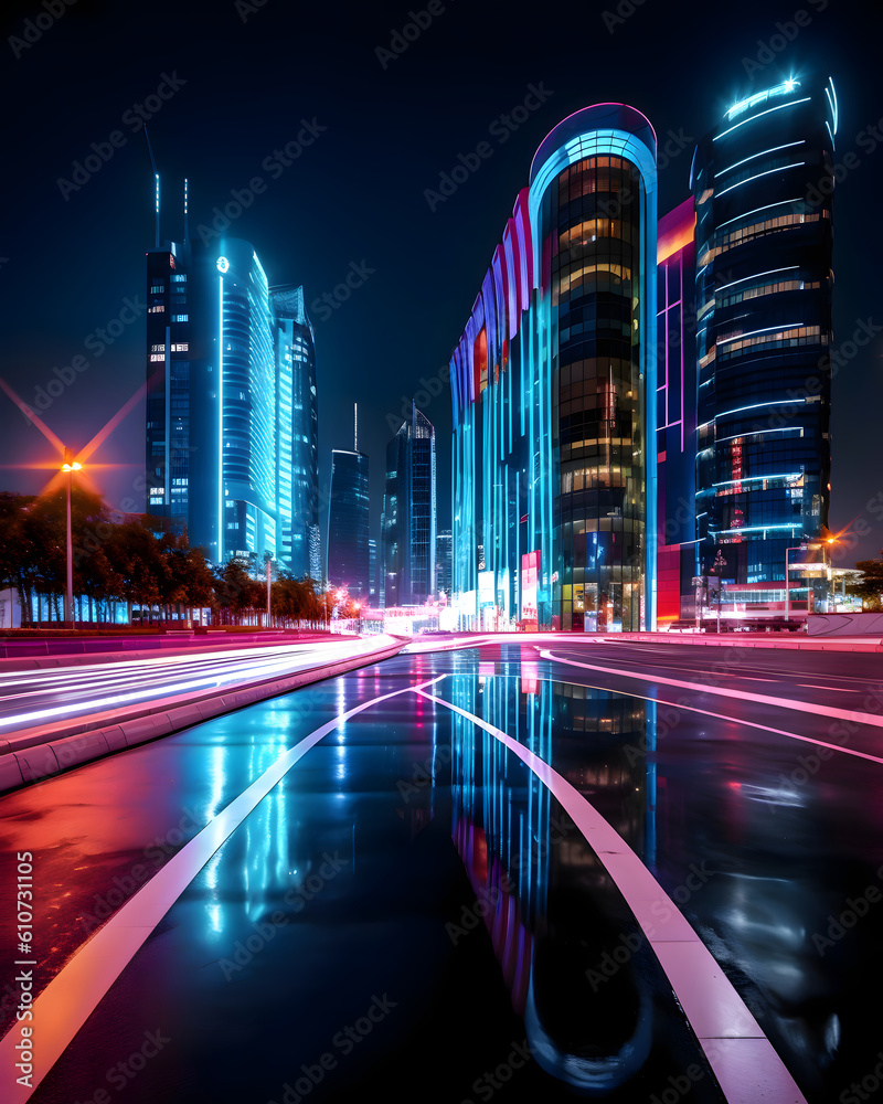 Urban modern city buildings in the night - Pop neon colors - Generative AI