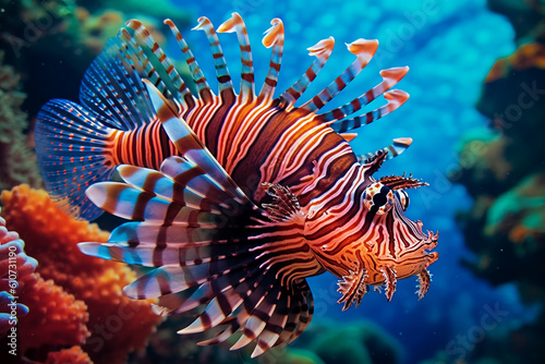 Close up of the lion fish in the sea created with AI generative tools