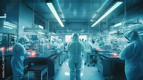 Group of people in protective suits in a modern pharmaceutical laboratory.Created with Generative AI technology.