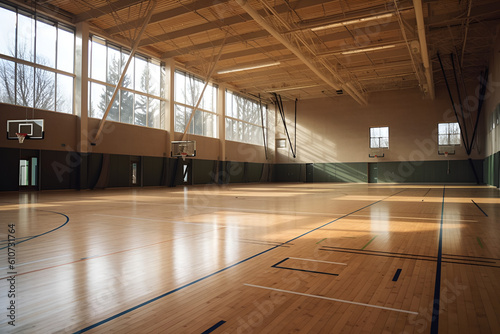 Large training hall for basketball, basketball is a world popular sport invented in America, AI generated content.