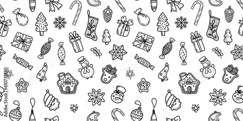 seamless pattern of linear Xmas icons on white background