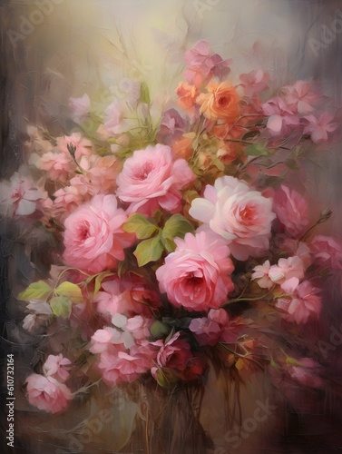 Oil painting of a bouquet of light and dark pink flowers, Generative AI