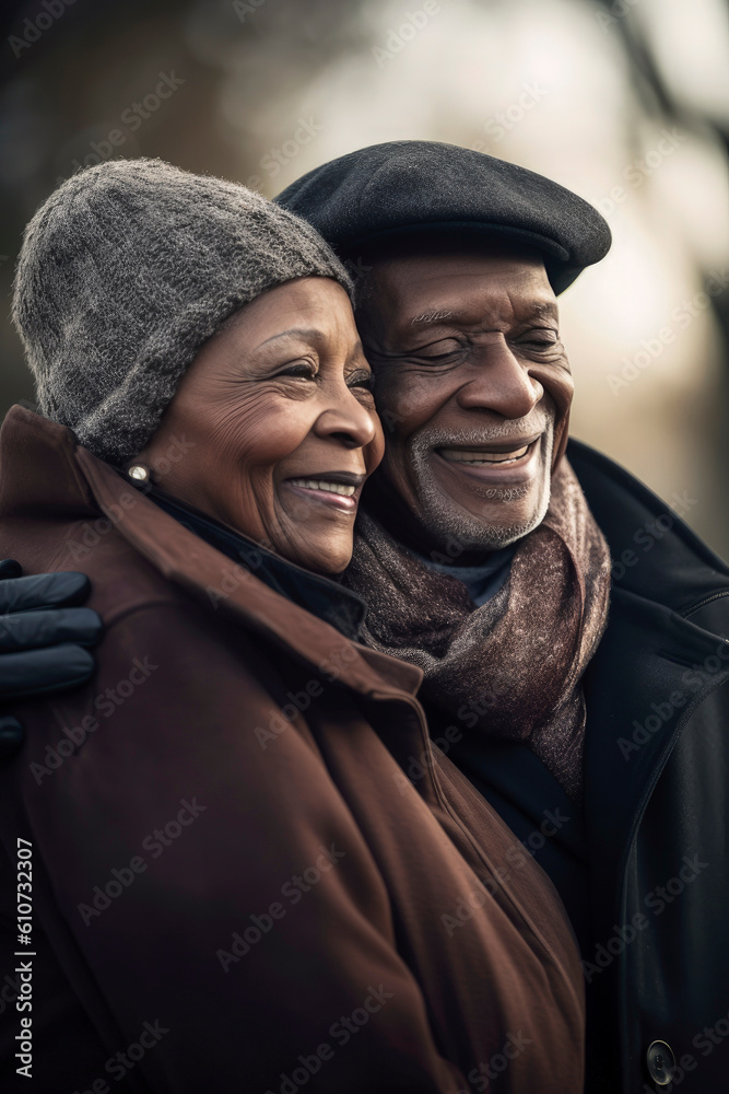Generative AI illustration of Black Couple of old people hugging and in love in a park in autumn time Generative AI illustration of Black Couple of old people hugging and in love in a park in autumn time