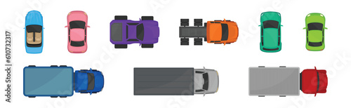 Car and Automobile as Motor Vehicle Park Top View Vector Set