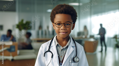 Cute small african american kid boy wear medical uniform glasses holding stethoscope playing doctor.Created with Generative AI technology.