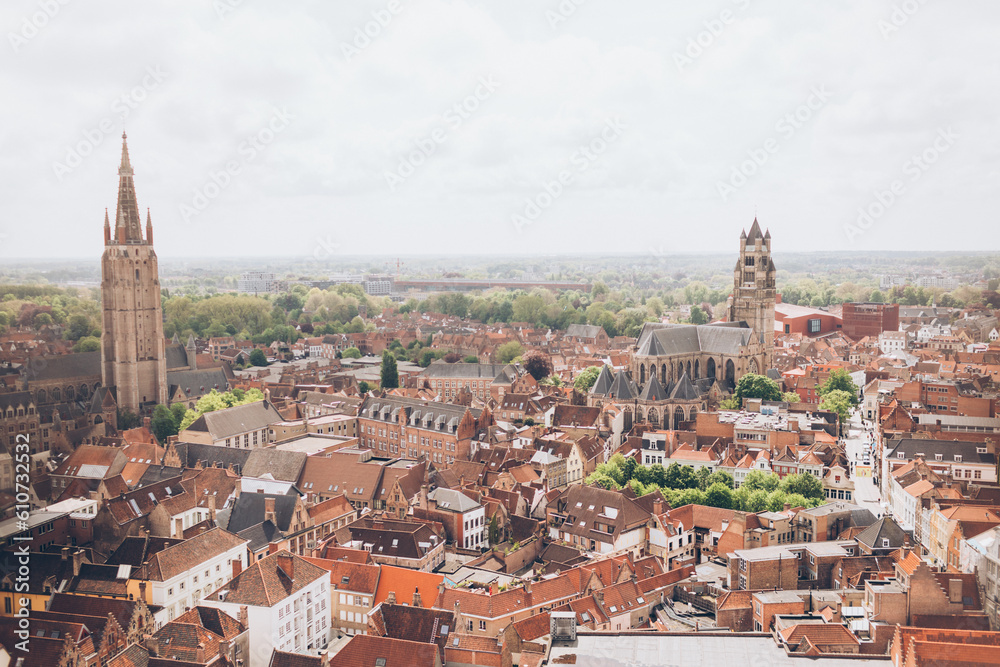 aerial view of terracotta roofs and tall church buildings in an old european city belgium europe belltower