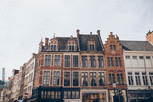row of old european dutch style houses in brown rust white cream colors with foliage on a street in belgium europe