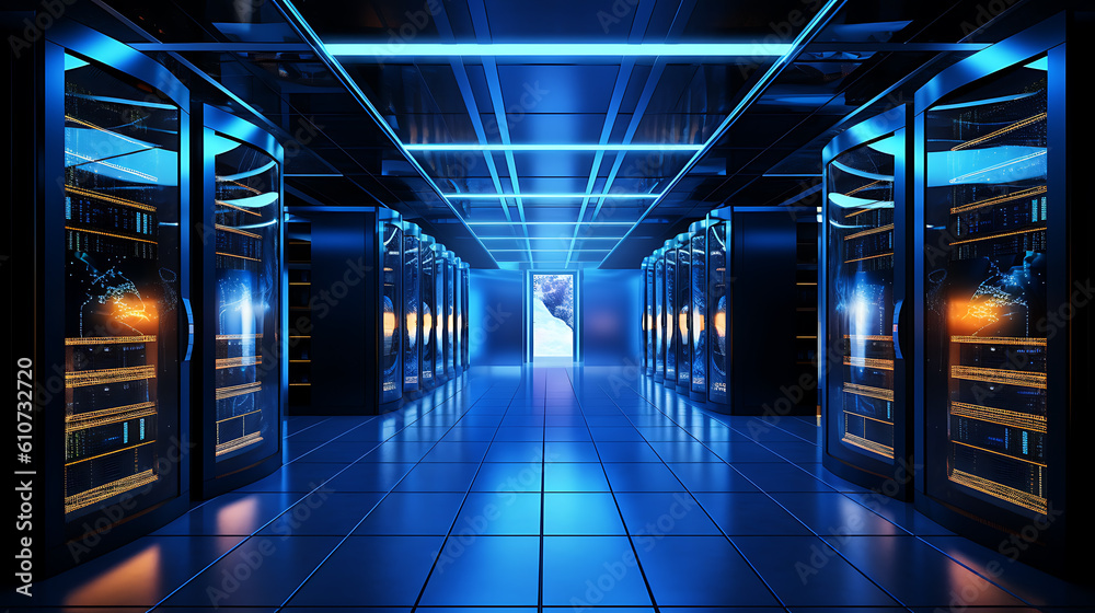 Fototapeta premium Server room, bit coin mining, supercomputing.Created with Generative AI technology.
