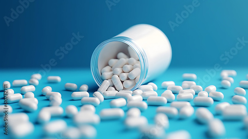 Many white tablets spilling out of package, Close up pills spilling out of pill bottle on blue background.Created with Generative AI technology.