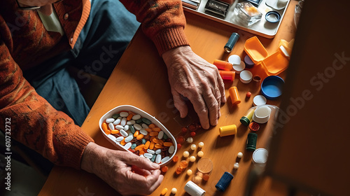 Senior man organizing his medication into pill dispenser. Senior man taking pills from box. Created with Generative AI technology.