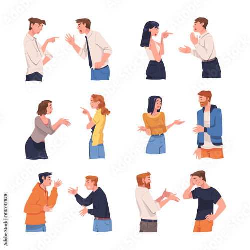 Angry Man and Woman Arguing Having Conflict with Each Other Vector Set