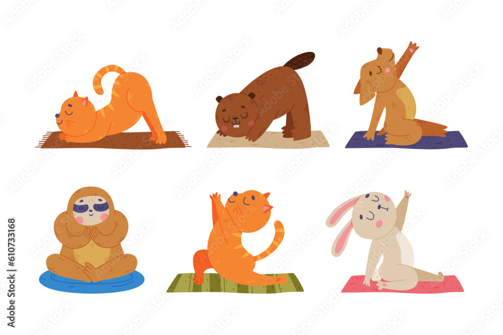 Fototapeta premium Funny Animal on Yoga Mat Practicing Asana and Stretching Vector Illustration Set