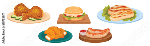 Meat Dish and Food Served on Plate Vector Set