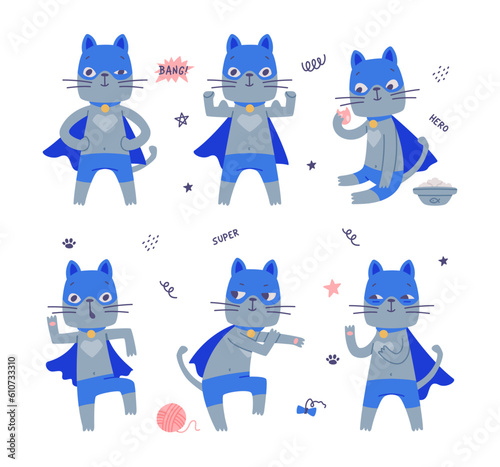 Superhero Grey Cat Wearing Blue Mask and Cape Having Super Power Vector Illustration Set