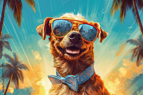 A cute little dog wearing sunglasses and a Hawaiian shirt, ready for a tropical getaway. © Suplim