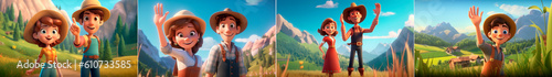 Cartoon animation of farmer and adventurer character. Scenic mountain background with waving gesture. A humorous interaction between two unlikely characters.