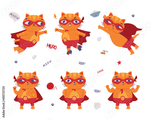 Superhero Cat Wearing Red Mask and Cape Having Super Power Vector Illustration Set