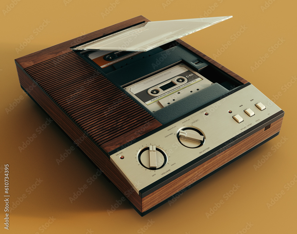 Fototapeta premium A vintage analogue answering machine from the 80's made of wood and chrome on an isolated mustard yellow background - 3D render