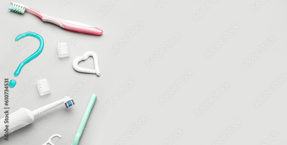 Set of oral hygiene and question mark on light background with space for text Set of oral hygiene and question mark on light background with space for text