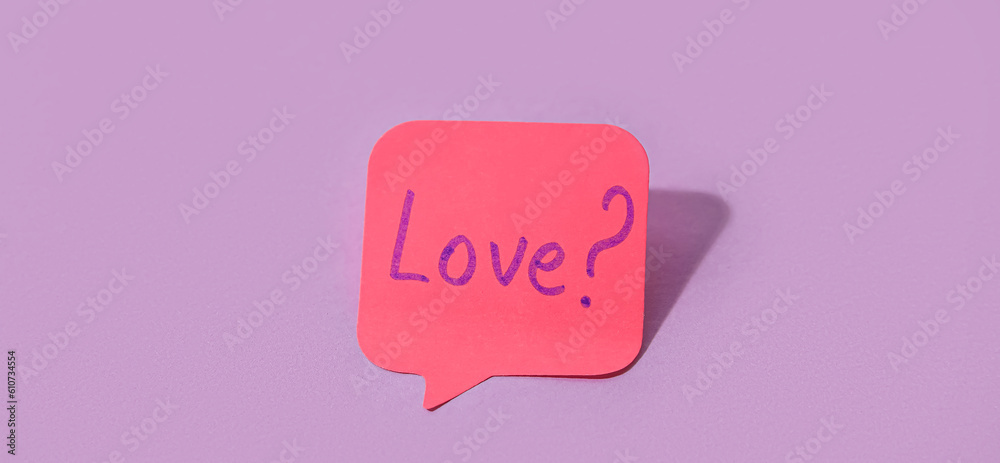 Sticky paper with word LOVE and question mark on lilac background