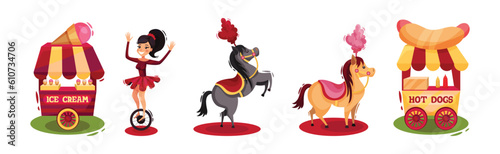 Colorful ircus Objects with Ice Cream, Woman Acrobat, Horse and Hot Dog Stall Vector Set