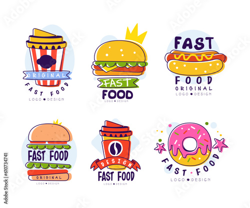 Fast Food Logo Design with Hamburger, Hot Dog and Donut Vector Set