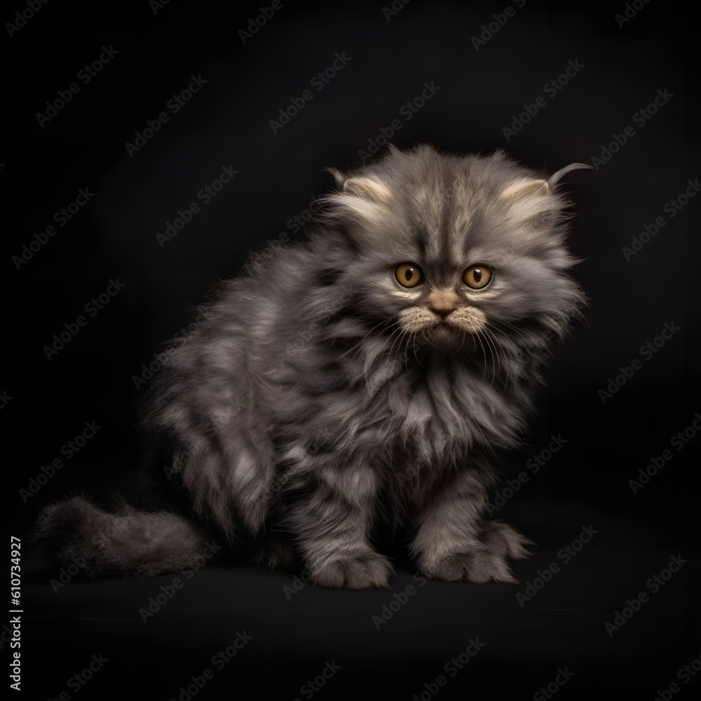 A grey Persian cat sits against a black background, exuding a melancholic and soulful presence. Discover the captivating charm of this poignant feline portrait.
