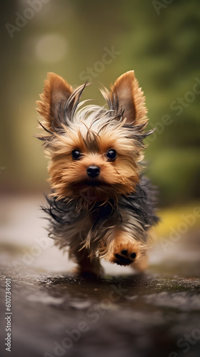 Rainy Day Joy: Experience the delightful sight of a Yorkshire Terrier running on wet pavement, embraced by a misty veil of rainy fog. Feel the playful spirit and charm of this captivating moment. © GoldenBoy